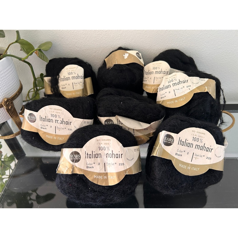 Vintage Sears 100% Italian Mohair Yarn Lot Black Dye Lot 225 8 Skeins 40g Each
